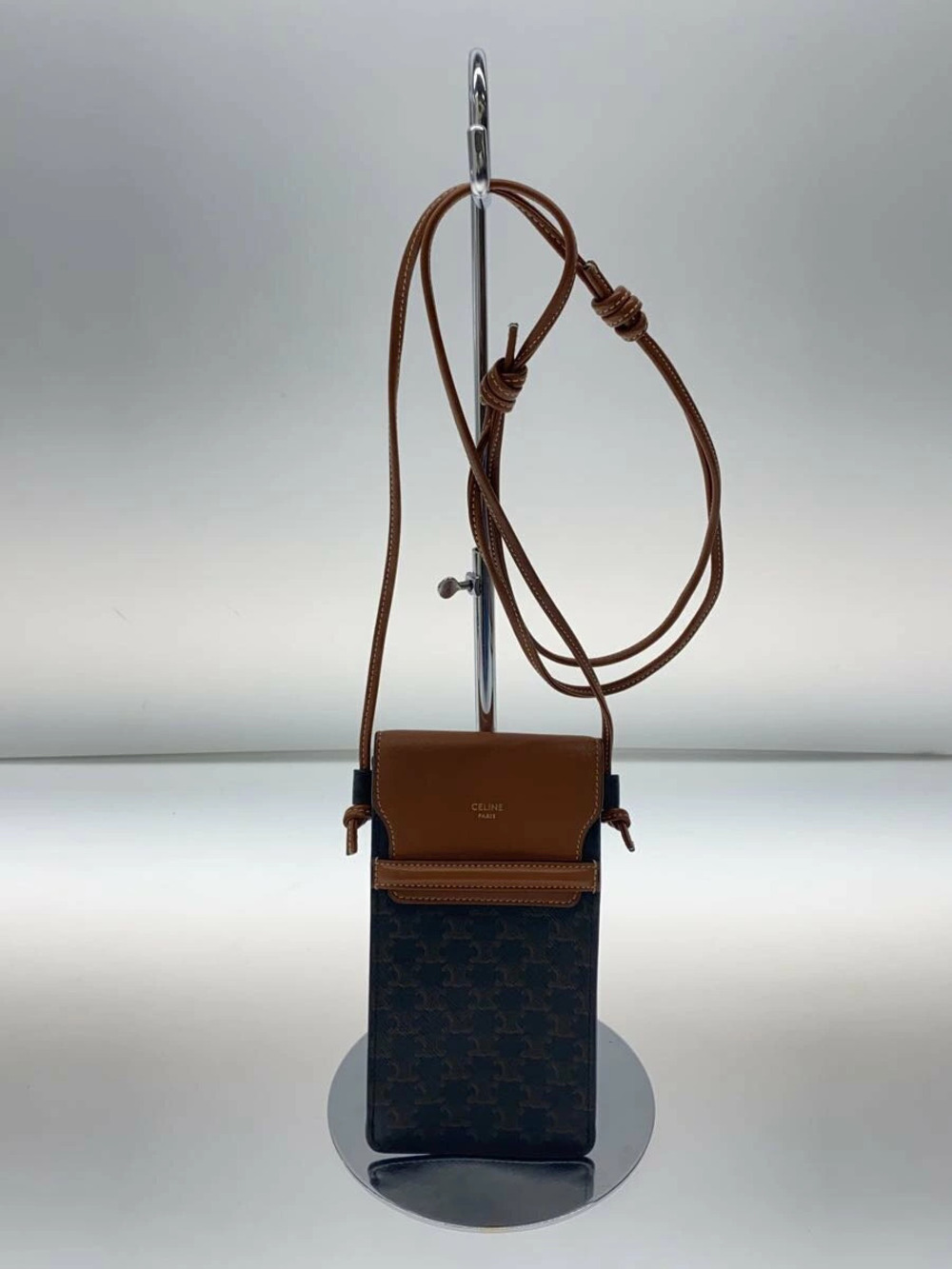 Celine Flap mobile Pouch Clutch Triomphe canvas lambskin Leather Brown All over